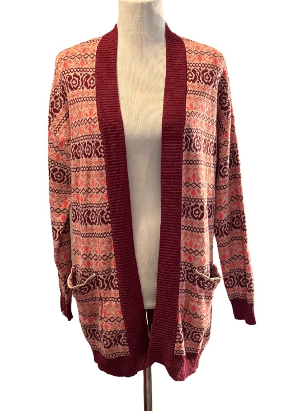 Matilda Jane Open-Front Fair Isle Cardigan in Burgundy and Pink size small